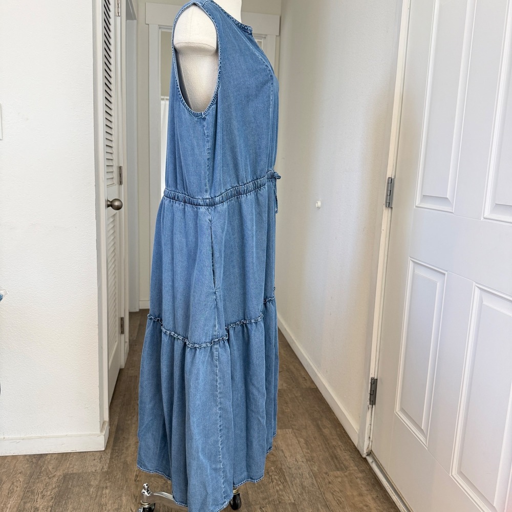 Lands End XXL chambray Denim Tiered Sleeveless Maxi Dress Drawstring Waist - Picture 6 of 7